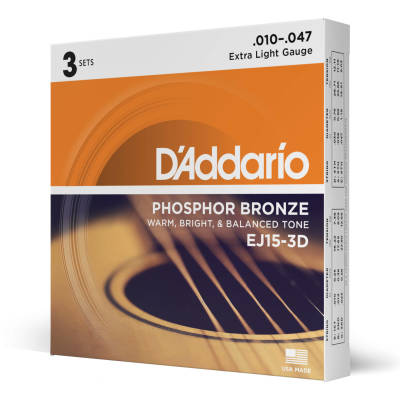 D'Addario EJ15-3D Phosphor Bronze Extra Light 10-47 (3 Pack)