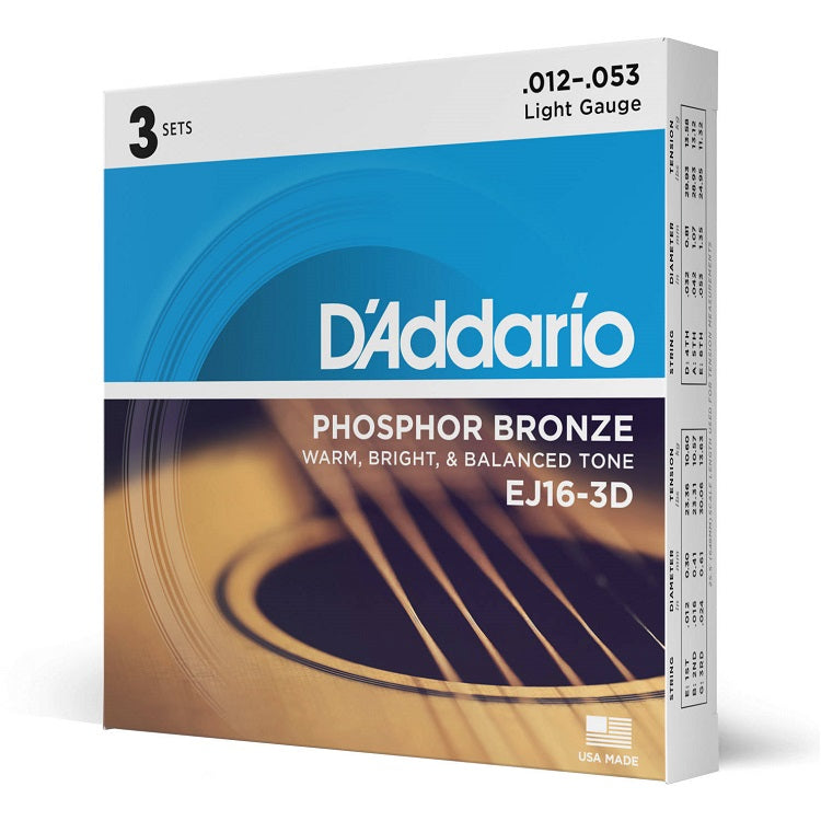 D'Addario EJ16-3D Phosphor Bronze Light 12-53 (3 Pack)