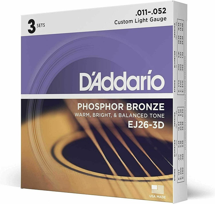 D'Addario EJ26-3D Phosphor Bronze Custom Light 11-52 (3 Pack) Sonorisation Trans-Musical